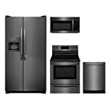 Frigidaire 4-Piece Kitchen Package with FFSS2615TD 36, Side by Side Refrigerator; FFEF3054TD 30, Freestanding Electric Range; FFMV1645TD 30, Microwave Oven; and FFID2426TD 24, Built In Fully Integrated Dishwasher in Black Stainless Steel