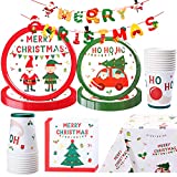 82Pcs Christmas Party Supplies Serves 20, Christmas Tableware Set with Christmas Paper Plates, Napkins, Cups, Tablecloth, Flag for Christmas Party Decoration