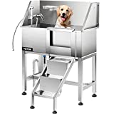 VEVOR Dog Grooming Tub, 38″ L Pet Wash Station, Professional Stainless Steel Pet Grooming Tub Rated 180LBS Load Capacity, Non-Skid Dog Washing Station Comes with Ramp, Faucet, Sprayer and Drain Kit