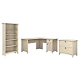 Bush Furniture Salinas L Shaped Desk with Lateral File Cabinet and 5 Shelf Bookcase, 60W, Antique White