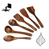 kaixiaolu Wooden Cooking Spoons – 6 Pcs Wooden Kitchen Utensils Set – Non Scratch Natural Teak Wooden Utensils for Cooking – With Stand and Cleaning Towel