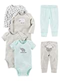 Simple Joys by Carter’s Unisex Babies’ 6-Piece Neutral Bodysuits (Short and Long Sleeve) and Pants Set, Grey/Mint Green, Lamb/Elephant, 3-6 Months