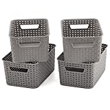 EZOWare Pack of 4 Small Gray Plastic Woven Knit Baskets, 11 x 7.3 x 5 inch Storage Organizer Bins