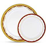 Laura Stein Party Plates Set of 64 Disposable Combo Set, Plastic Dishes, White Plates With 3 Tone Rim/Border Gold & Burgundy Includes 32 10.75” inch Plates & 32 7.5” inch Plates Vintage Series