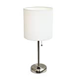 Limelights LT2024-WHT Stick Charging Outlet and Fabric Table Lamp, Brushed Steel Base/White Shade