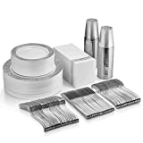 350 Piece Silver Dinnerware Set – 50 Guest Silver Lace Design Plastic Plates – 50 Silver Plastic Silverware – 50 Silver Cups – 50 Linen Like Silver Napkins, 50 Guest Disposable Silver Dinnerware Set