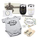 Pregnancy Gift Est 2022, First Time Mom Gifts for Women, New Parents Wine Tumbler Set Baby Onesie Socks Bib Decision Coin – Top Mom Dad Gift Set Idea for Baby Shower, Gender Reveal