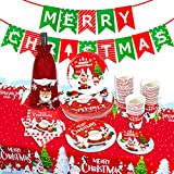 HomyPlaza Christmas Decorations Party Supplies Santa elk Sets, 103 PCS Disposable Christmas Decor Tableware Set Includes Paper Plates Cups Napkins Tablecloths Christmas Banner Wine Cover, Serves 25