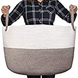 Luxury Little XXXL Nursery Storage Basket – 100% Cotton Rope Basket with Handles – Toy Organizer and Storage for Laundry, Blankets, Pillows – 22 x 22 x 14 inches (Off White & Beige)