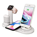 Charging Dock Stations – 4-in-1 Wireless Rotating Plug Charging Pad, Charging Pad for Multiple Devices Apple Watch, Fast iPhone Charger, Airpods, Samsung Galaxy S20, and Qi-Enabled Devices – White