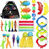 Chuchik Diving Toys 30 Pack, Swimming Pool Toys for Kids Includes 4 Diving Sticks, 4 Diving Rings, 6 Pirate Treasures, 3 Toypedo Bandits, 9 Fish Toys, 4 Octopus – Water Toys with a Storage Net Bag