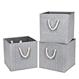 Robuy 3 Pack Foldable Cube Storage Bins with Cotton Rope Handle , Collapsible Basket Cubes Container Boxes Organizer – Gray 13x13x13 inch