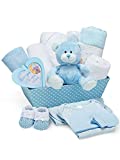 Baby Boy Blue Gift Hamper – with Fleece Wrap, Hooded Towel, Baby Clothes, 2 Muslin Cloths and Cute Teddy Bear