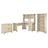 Bush Furniture Salinas L Shaped Desk with Hutch, Lateral File, and 5 Shelf Bookcase, 60W, Antique White