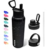 BJPKPK 40oz Insulated Water Bottles,Stainless Steel Water Bottle with Straw,Thermo Insulated Water Bottles with 3 Lids,Hot Cold Water Bottles for School- 1200ml/40oz-Marble-Midnight