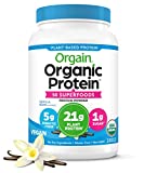 Orgain Organic Protein + Superfoods Powder, Vanilla Bean – 21g of Protein, Vegan, Plant Based, 5g of Fiber, No Dairy, Gluten, Soy or Added Sugar, Non-GMO, 2.02lb