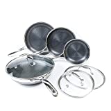 HexClad 7-Piece Hybrid Stainless Steel Cookware Set with Lids and Wok – Metal Utensil and Dishwasher Safe, Induction Ready, PFOA-Free, Easy to Clean Non Stick Fry Pan with Covers