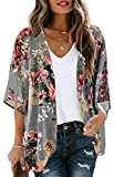 Women’s Floral Print Short Sleeve Shawl Chiffon Kimono Cardigan Casual Blouse Tops(Dark Grey M)