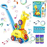 Bubble Lawn Mower for Toddlers, Kids Bubble Blower Maker Machine Bubble with 4 oz Bubble Solution with Refill Solution, Bubbles Blowing Push Toys with Music Dinosaur Projection for Kids Age 3Y+