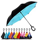 EEZ-Y Reverse Umbrella – Large, Inverted Umbrellas for Rain w/C-Shaped Non-Rust Handle for Men & Women, Windproof & Water Resistant – Light Blue