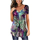 Womens Tops Hide Belly Tunic 2022 Summer Short Sleeve T Shirts Cute Flowy Henley Tshirt Casual Dressy Blouses for Leggings Purple
