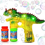 Haktoys Jurassic Dinosaur Bubble Gun Shooter Light Up Blower | Toy Bubble Blaster for Toddlers, Kids, Parties | LED Flashing Lights, Extra Refill Bottle, Sound-Free (Complementary Batteries Included)