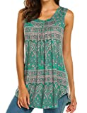 Halife Women Sleeveless Floral Print Pleated Swing Tunic Tank Tops (L, Dark Green)