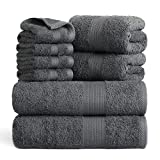 Bedsure Bath Towels Sets for Bathroom – 100% Cotton 8 Pieces Towels Set with 2 Large Bath Towels, 2 Hand Towels and 4 Washcloths, Grey Shower Towel Sets, Towels for Bathroom, Hotel, Gym, Spa