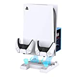 BEJOY Multifunctional Vertical Stand with Dual Cooling Fans for PS5 Console, 3-Level Rotate Fans Speed, Dual Type-C PS5 Charging Station with Gaming Headset Holder, 11 Games Boxes Storage, White