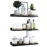 WOPITUES Floating Shelves with Gold Metal Guardrail, Shelves for Wall Decor Set of 3, Wall Shelves for Bedroom, Bathroom, Kitchen, Living Room, Plants, Picture Frames, Art- Gold in Modern Black
