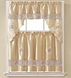 B&H Home Sydney Floral Embroidered 3-Piece Kitchen Curtain Window Treatment Set (Sydney Beige)