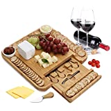 Premium Bamboo Cheese Board with Stainless Steel Knife Set and Ceramic Cups | Great Gift Idea | Size 13.3” x 13.3” x 2.2”