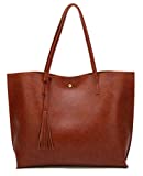 Women’s Soft Faux Leather Tote Shoulder Bag from Dreubea, Big Capacity Tassel Handbag Brown New S