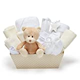 Neutral New Baby Hamper Gift – with Fleece Wrap, Hooded Towel, Baby Clothes, 2 Muslin Cloths and Cute Brown Teddy Bear