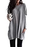 Pevilo Long Sleeve Round Neck Gray Tunic Tops for Women Oversized Pocketd Shirts Comfy Autumn Long Tops L