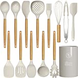 14 Pcs Silicone Cooking Utensils Kitchen Utensil Set – 446°F Heat Resistant,Turner Tongs, Spatula, Spoon, Brush, Whisk, Wooden Handle Kitchen Gadgets with Holder for Nonstick Cookware (BPA Free Khaki)