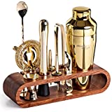Mixology Bartender Kit: 10-Piece Bar Tool Set with Stylish Mahogany Stand | Perfect Home Bartending Kit and Martini Cocktail Shaker Set For an Awesome Drink Mixing Experience | Cool Gifts (Gold)