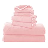 TENSTARS Luxury Silk Hemming Towel Set – Light Thin Quick Drying – 2 Bath Towels 2 Hand Towels 2 Washcloths – Ultra Soft Microfiber Towel for Bath Fitness, Sports, Yoga, Travel (Pink 6 Pieces)