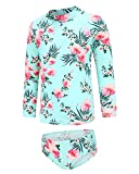 Girls Two Piece Rash Guard Swimsuits Set Long Sleeve Bathing Suit with UPF 50+ Sun Protection Kids Sunsuits Swimwear Light Green Set Size 14/12-14