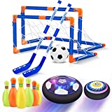 Hover Soccer Ball Set, 3-in-1 Hover Hockey Bowling Set for Kids, Rechargeable LED Light Indoor Air Soccer Ball Games, Sports Outdoor Toys for Kids Ages 3 4 5 6-8