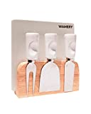 Wamery Cheese Knife Set – 3 Stainless Steel Cheese Knife Set for Charcuterie Board and Small Ceramic Cheese Cutting Board with Magnetic Wooden Holder Portable for Pairing with Wine Meat Fruit