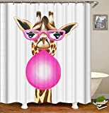 AMHNF Comic Giraffe Shower Curtain Funny Animal Creative Watercolor Giraffe Blowing Bubble Gum Home Bathroom Decor Quick Dry Fabric with 12 Hooks，70×70 Inch，Pink Brown