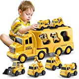 TEMI Construction Toddler Truck Toys for 3 4 5 6 Year Old Boys – 5-in-1 Friction Power Vehicle Car Toy for Toddlers 3-5, Carrier Truck Toys for Kids 3-5, Christmas Birthday Gifts for Girls Age 3-9