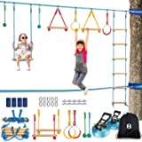 SUNCITY Ninja Warrior Obstacle Course Kit for Kids – 2 X 52′ Slackline Zipline 37 PCS Hanging Monkey Bars Fists Gym Rings Swing Rope Ladder Portable Outdoor Toys Training Equipment Set for Backyard