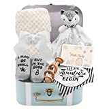 Fvntuey Baby Shower Gifts, Baby Boy Gifts Basket Includes Newborn Blanket Baby Lovey Security Blanket Wooden Rattle Toy, Funny Baby Bibs Socks & Greeting Card – Baby Gift Set Newborn Shower Basket