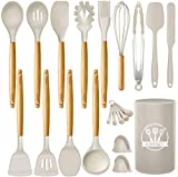 Kinfayv Silicone Cooking Utensils Kitchen Utensil Set, 21 PCS Wooden Handle Nontoxic BPA Free Silicone Spoon Spatula Turner Tongs Kitchen Gadgets Utensil Set for Nonstick Cookware with Holder (Khaki)