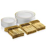 125 Piece Gold Dinnerware Party Set – 50 Gold Rim Plastic Plates, 25 Dinner 25 Dessert Plates, 75 Gold Silverware, 25 Knives, 25 Forks, 25 Spoons – 25 Guest Disposable Set for Wedding Birthday Parties