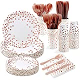 White and Rose Gold Party Supplies – 350 PCS Disposable Dinnerware Set – White Paper Plates Napkins Cups, Gold Plastic Forks Knives Spoon for Graduation, Birthday, Cocktail Party