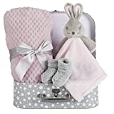 Baby Girl Gift Set New Born Baby Gift Baby Pink Bunny Security Blanket Soft Fleece, Suitcase Keepsake Box Blanket Booties & Baby Gift Basket – Unique Present for Baby Shower & Newborn Lovey Welcome