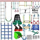 65FT Ninja Warrior Obstacle Course for Kids – Double Longest Slacklines with 10 Most Complete Accessories for Kids, Swing, Trapeze Swing, Rope Ladder, Obstacle Net Plus 1.2M Arm Trainer